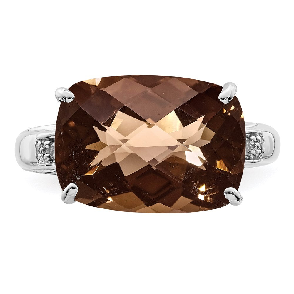 Sterling Silver Rhodium Checker-Cut Smoky Quartz & Natural Diamond Gemstone Birthstone Ring Fine Jewelry Gift for Her