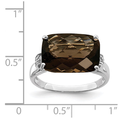 Sterling Silver Rhodium Checker-Cut Smoky Quartz & Natural Diamond Gemstone Birthstone Ring Fine Jewelry Gift for Her