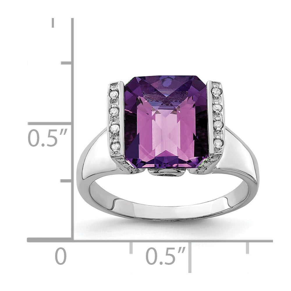 Sterling Silver Rhodium Plated Checker Cut Amethyst & Diamond Ring