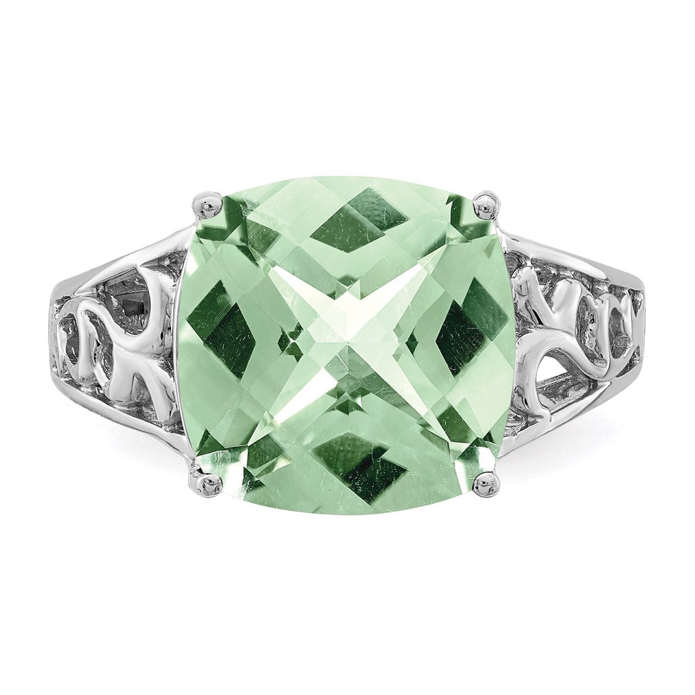 Sterling Silver Rhodium Checker-Cut Green Quartz Gemstone Birthstone Ring Fine Jewelry Gift for Her