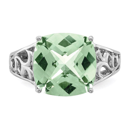 Sterling Silver Rhodium Checker-Cut Green Quartz Gemstone Birthstone Ring Fine Jewelry Gift for Her