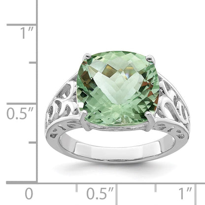 Sterling Silver Rhodium Checker-Cut Green Quartz Gemstone Birthstone Ring Fine Jewelry Gift for Her