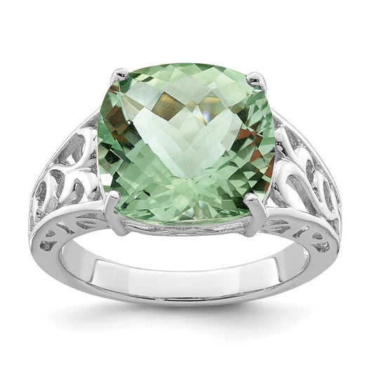 Sterling Silver Rhodium Checker-Cut Green Quartz Gemstone Birthstone Ring Fine Jewelry Gift for Her