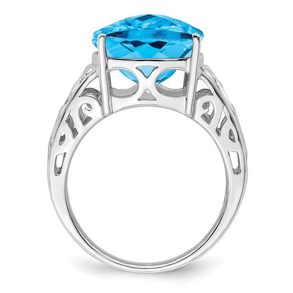 Sterling Silver Rhodium Checker-Cut Blue Topaz Gemstone Birthstone Ring Fine Jewelry Gift for Her