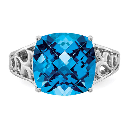 Sterling Silver Rhodium Checker Cut Blue Topaz Ring (Size 7 Only)