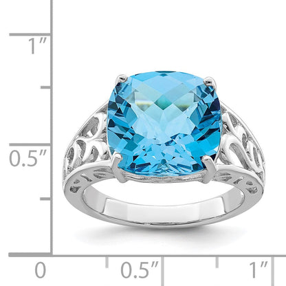 Sterling Silver Rhodium Checker-Cut Blue Topaz Gemstone Birthstone Ring Fine Jewelry Gift for Her