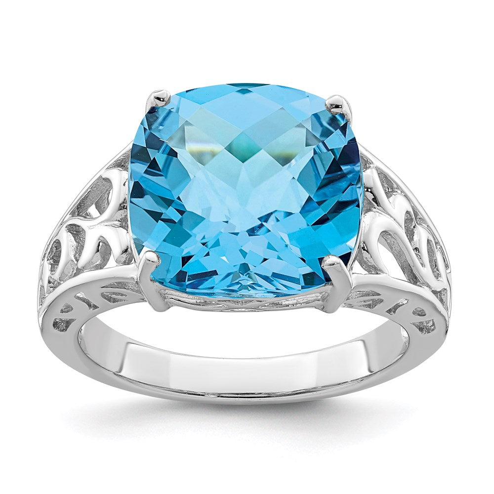 Sterling Silver Rhodium Checker-Cut Blue Topaz Gemstone Birthstone Ring Fine Jewelry Gift for Her