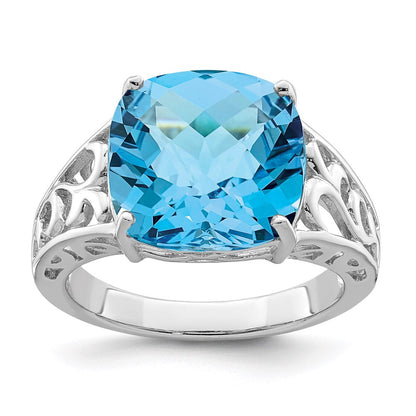 Sterling Silver Rhodium Checker-Cut Blue Topaz Gemstone Birthstone Ring Fine Jewelry Gift for Her