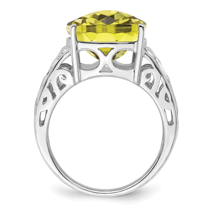 Sterling Silver Rhodium Checker-Cut Lemon Quartz Gemstone Birthstone Ring Fine Jewelry Gift for Her