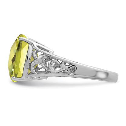 Sterling Silver Rhodium Checker-Cut Lemon Quartz Gemstone Birthstone Ring Fine Jewelry Gift for Her