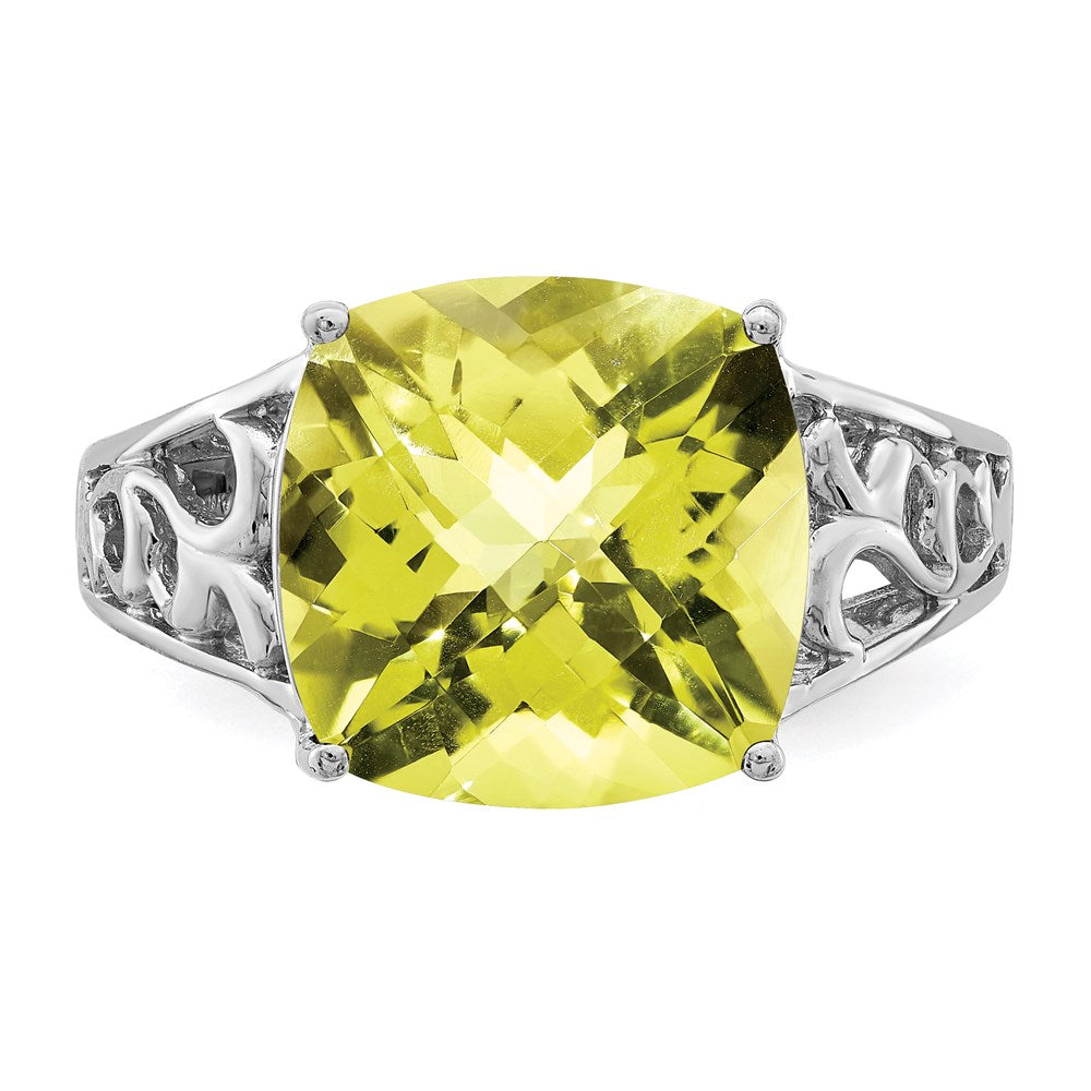 Sterling Silver Rhodium Checker-Cut Lemon Quartz Gemstone Birthstone Ring Fine Jewelry Gift for Her