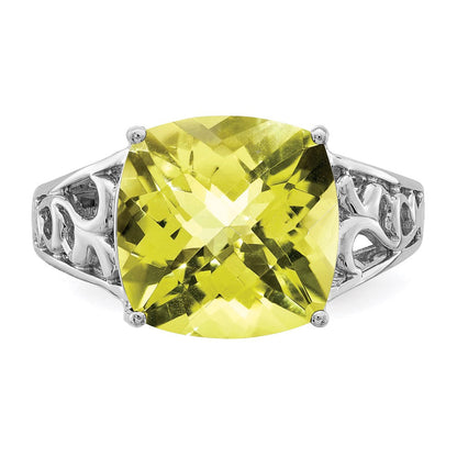 Sterling Silver Rhodium Checker-Cut Lemon Quartz Gemstone Birthstone Ring Fine Jewelry Gift for Her