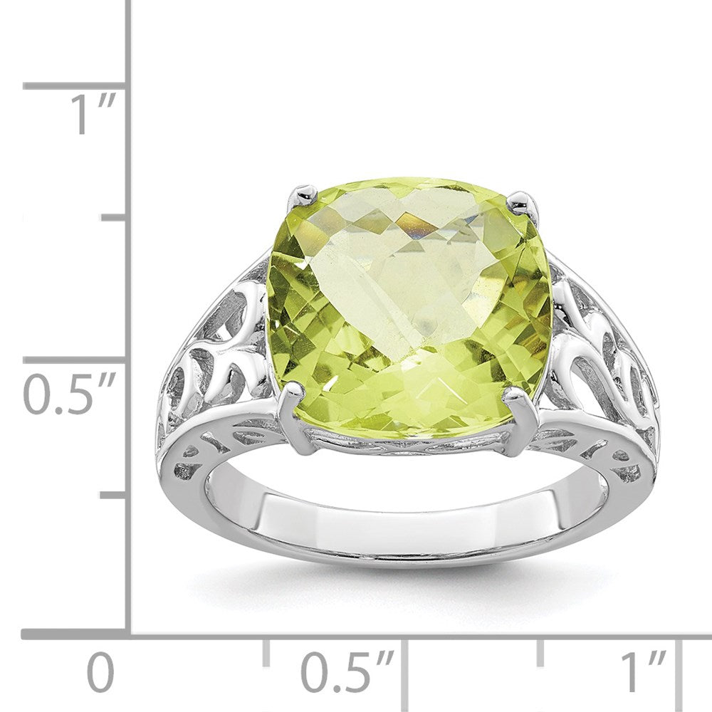 Sterling Silver Rhodium Checker-Cut Lemon Quartz Gemstone Birthstone Ring Fine Jewelry Gift for Her