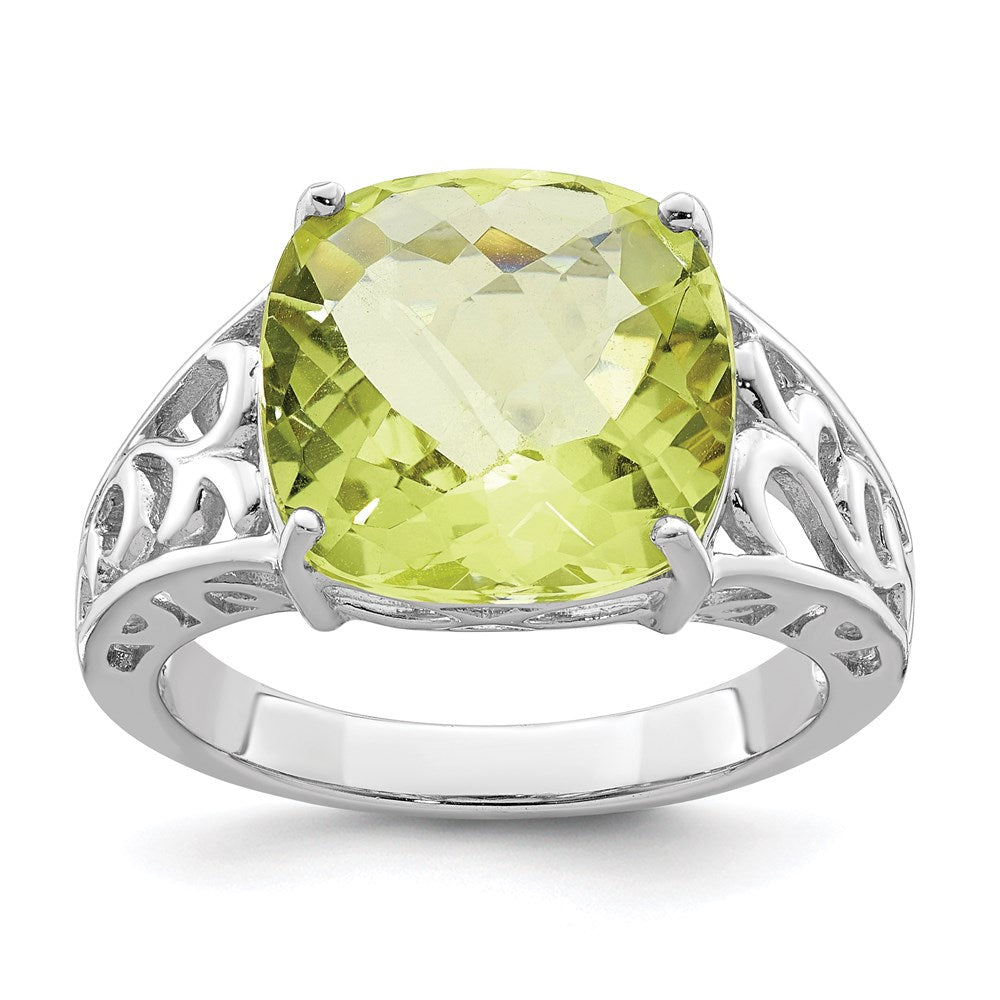 Sterling Silver Rhodium Checker-Cut Lemon Quartz Gemstone Birthstone Ring Fine Jewelry Gift for Her
