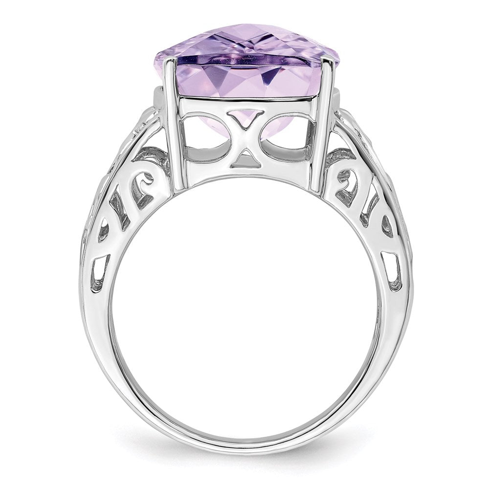 Sterling Silver Rhodium Checker-Cut Pink Quartz Gemstone Birthstone Ring Fine Jewelry Gift for Her