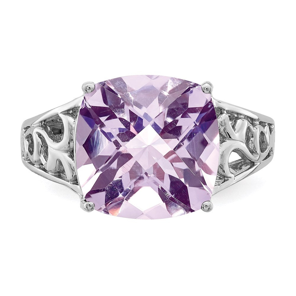 Sterling Silver Rhodium Checker-Cut Pink Quartz Gemstone Birthstone Ring Fine Jewelry Gift for Her