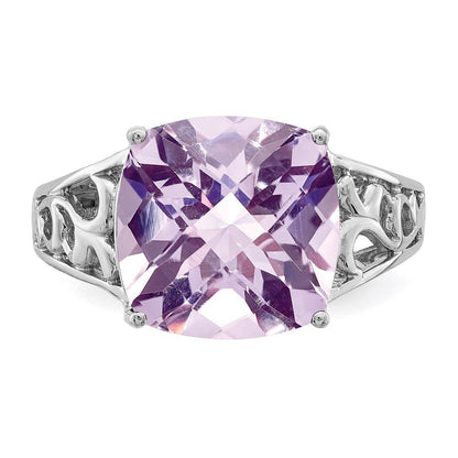 Sterling Silver Rhodium Checker-Cut Pink Quartz Gemstone Birthstone Ring Fine Jewelry Gift for Her