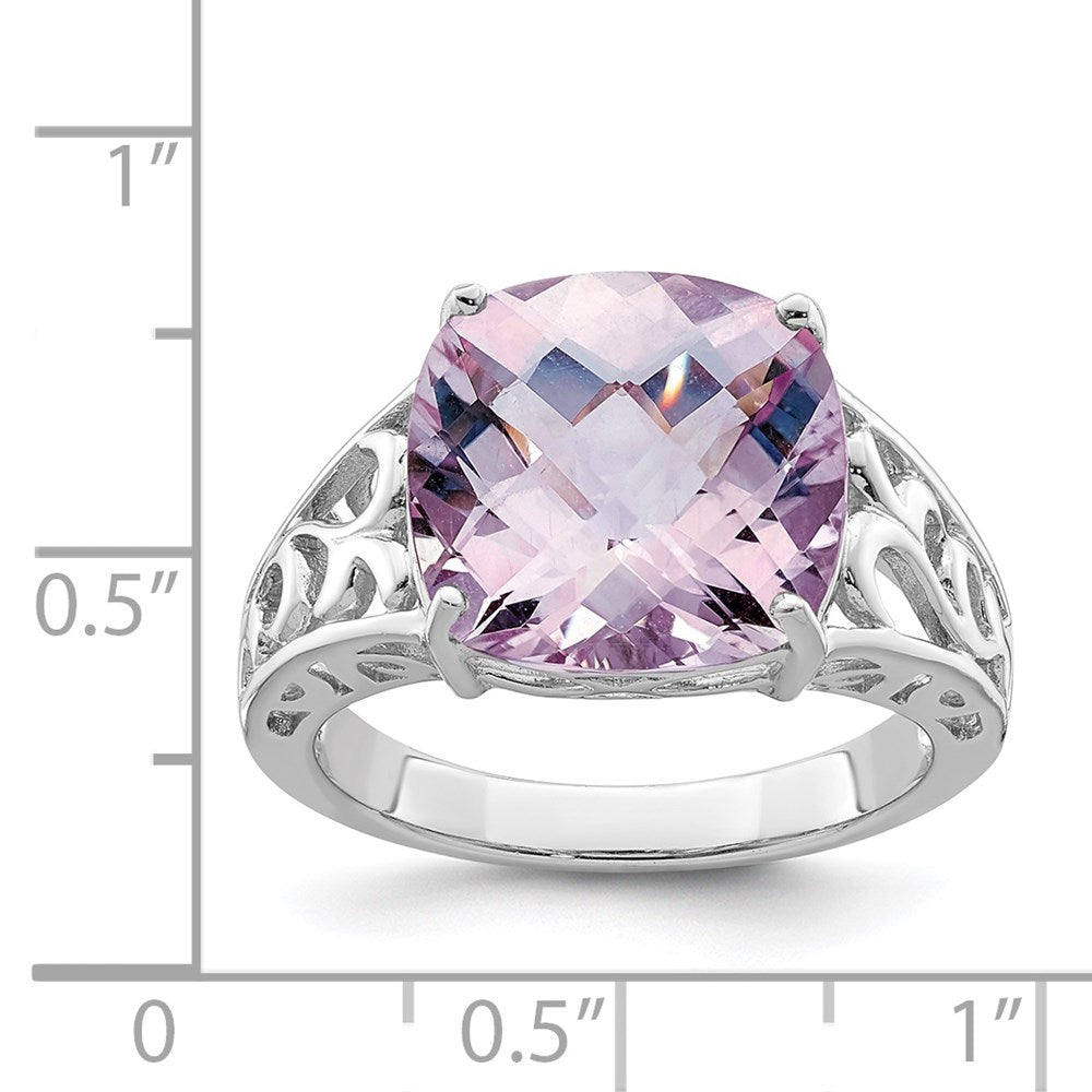 Sterling Silver Rhodium Checker-Cut Pink Quartz Gemstone Birthstone Ring Fine Jewelry Gift for Her