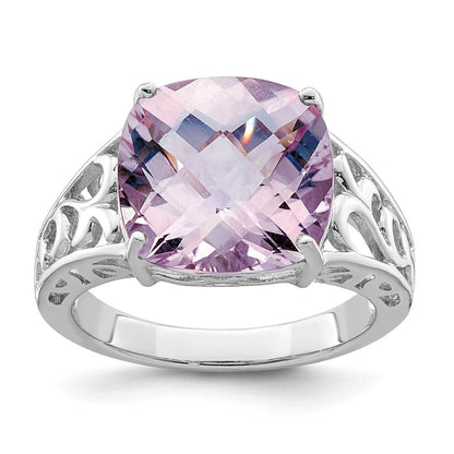 Sterling Silver Rhodium Checker-Cut Pink Quartz Gemstone Birthstone Ring Fine Jewelry Gift for Her