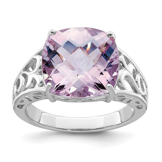 Sterling Silver Rhodium Checker-Cut Pink Quartz Gemstone Birthstone Ring Fine Jewelry Gift for Her