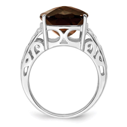 Sterling Silver Rhodium Checker-Cut Smoky Quartz Gemstone Birthstone Ring Fine Jewelry Gift for Her
