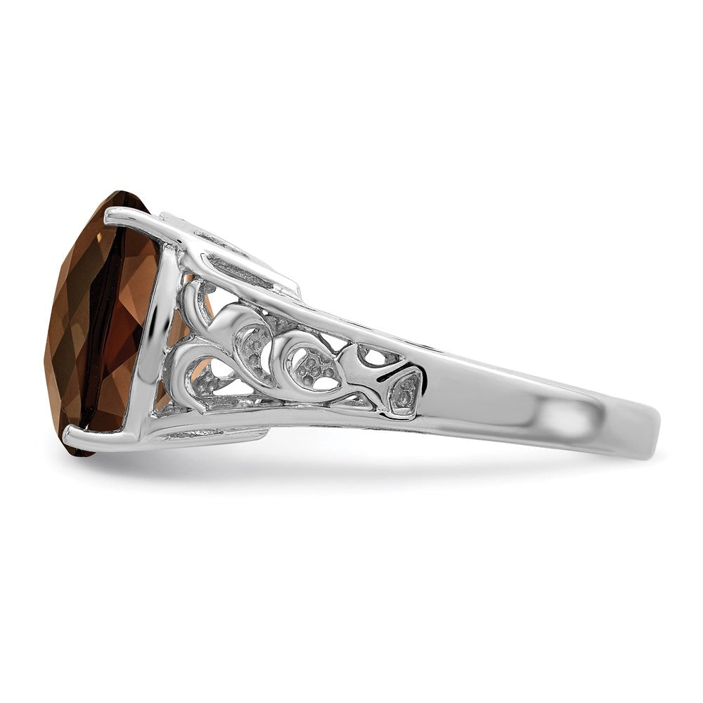 Sterling Silver Rhodium Checker-Cut Smoky Quartz Gemstone Birthstone Ring Fine Jewelry Gift for Her