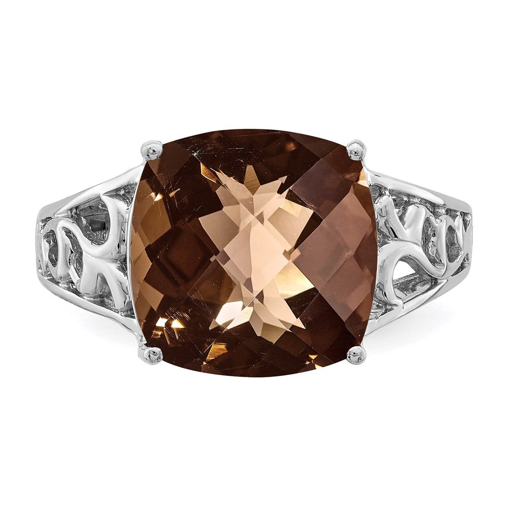 Sterling Silver Rhodium Checker-Cut Smoky Quartz Gemstone Birthstone Ring Fine Jewelry Gift for Her
