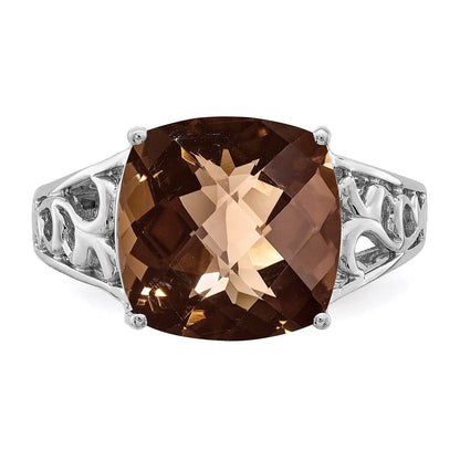 Sterling Silver Rhodium Checker-Cut Smoky Quartz Gemstone Birthstone Ring Fine Jewelry Gift for Her