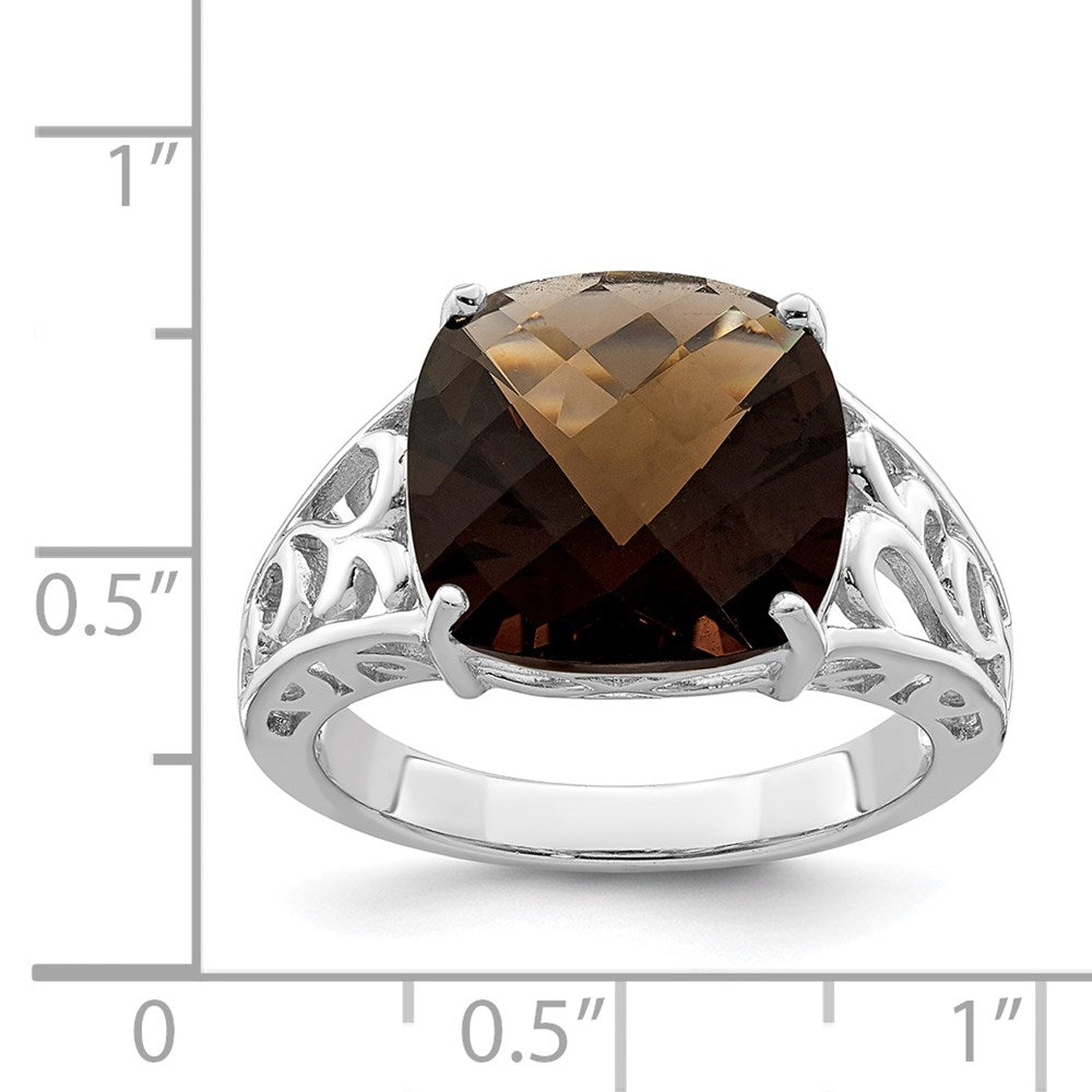 Sterling Silver Rhodium Checker-Cut Smoky Quartz Gemstone Birthstone Ring Fine Jewelry Gift for Her