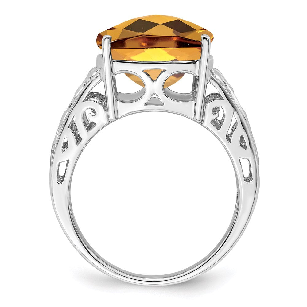 Sterling Silver Rhodium Checker-Cut Whiskey Quartz Gemstone Birthstone Ring Fine Jewelry Gift for Her