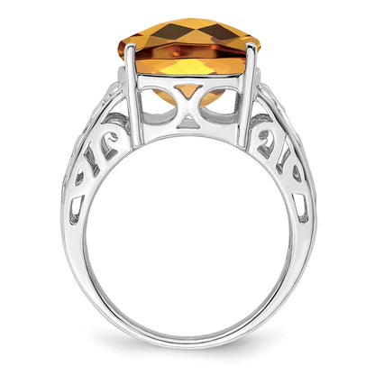 Sterling Silver Rhodium Checker-Cut Whiskey Quartz Gemstone Birthstone Ring Fine Jewelry Gift for Her