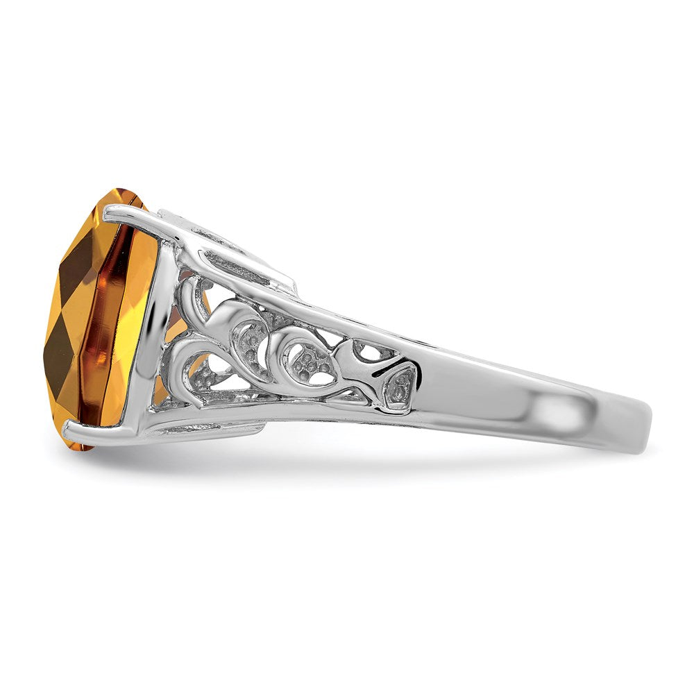 Sterling Silver Rhodium Checker-Cut Whiskey Quartz Gemstone Birthstone Ring Fine Jewelry Gift for Her