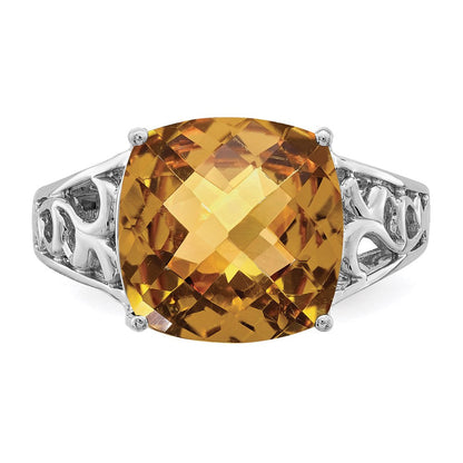 Sterling Silver Rhodium Checker-Cut Whiskey Quartz Gemstone Birthstone Ring Fine Jewelry Gift for Her