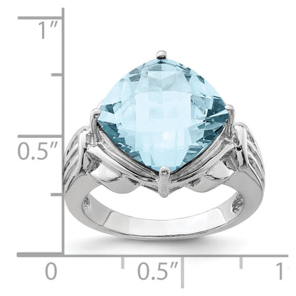 Sterling Silver Rhodium Checker Cut Sky Blue Topaz Ring (Size 7 Only)