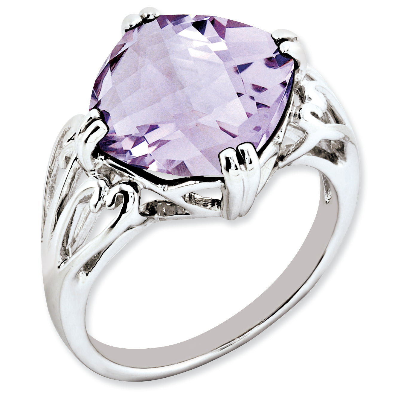 Sterling Silver Rhodium Plated Checker Cut Pink Quartz Ring (Size 7 Only)