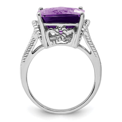 Sterling Silver Rhodium Plated Octagonal Checker Cut Amethyst Ring