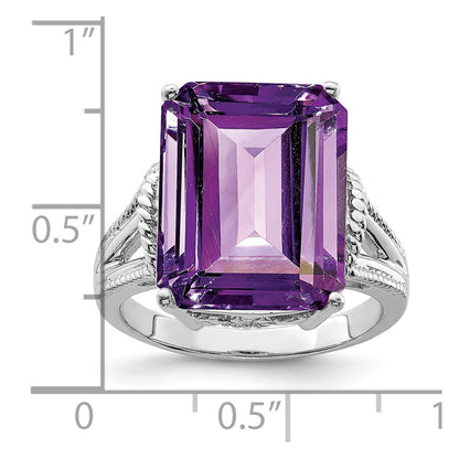 Sterling Silver Rhodium Plated Octagonal Checker Cut Amethyst Ring