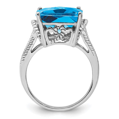 Sterling Silver Rhodium Checker Cut Blue Topaz Ring (Size 9 Only)