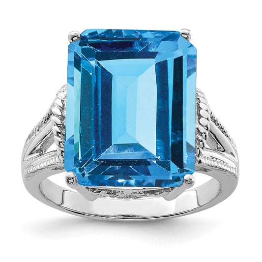 Sterling Silver Rhodium Checker Cut Blue Topaz Ring (Size 9 Only)