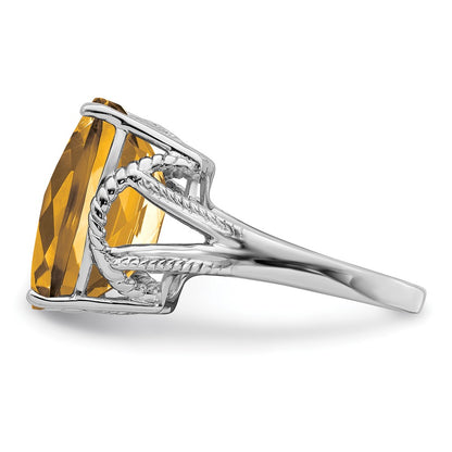 Sterling Silver Rhodium Octagonal Checker Cut Whiskey Quartz Ring (Size 7 Only)