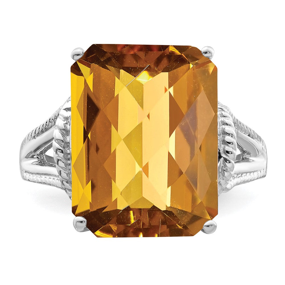Sterling Silver Rhodium Octagonal Checker Cut Whiskey Quartz Ring (Size 7 Only)