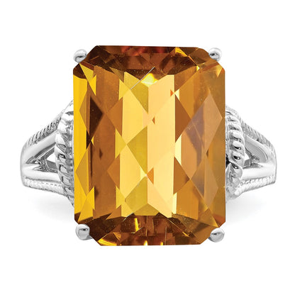 Sterling Silver Rhodium Octagonal Checker Cut Whiskey Quartz Ring (Size 7 Only)