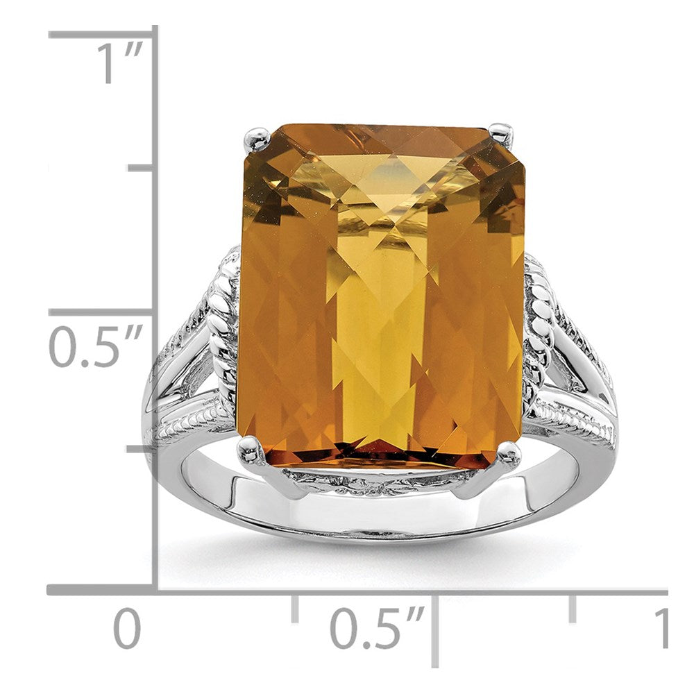 Sterling Silver Rhodium Octagonal Checker Cut Whiskey Quartz Ring (Size 7 Only)