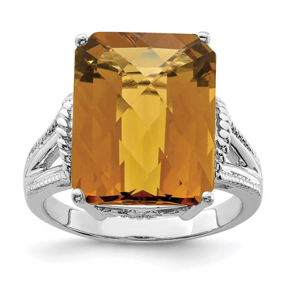 Sterling Silver Rhodium Octagonal Checker Cut Whiskey Quartz Ring (Size 7 Only)