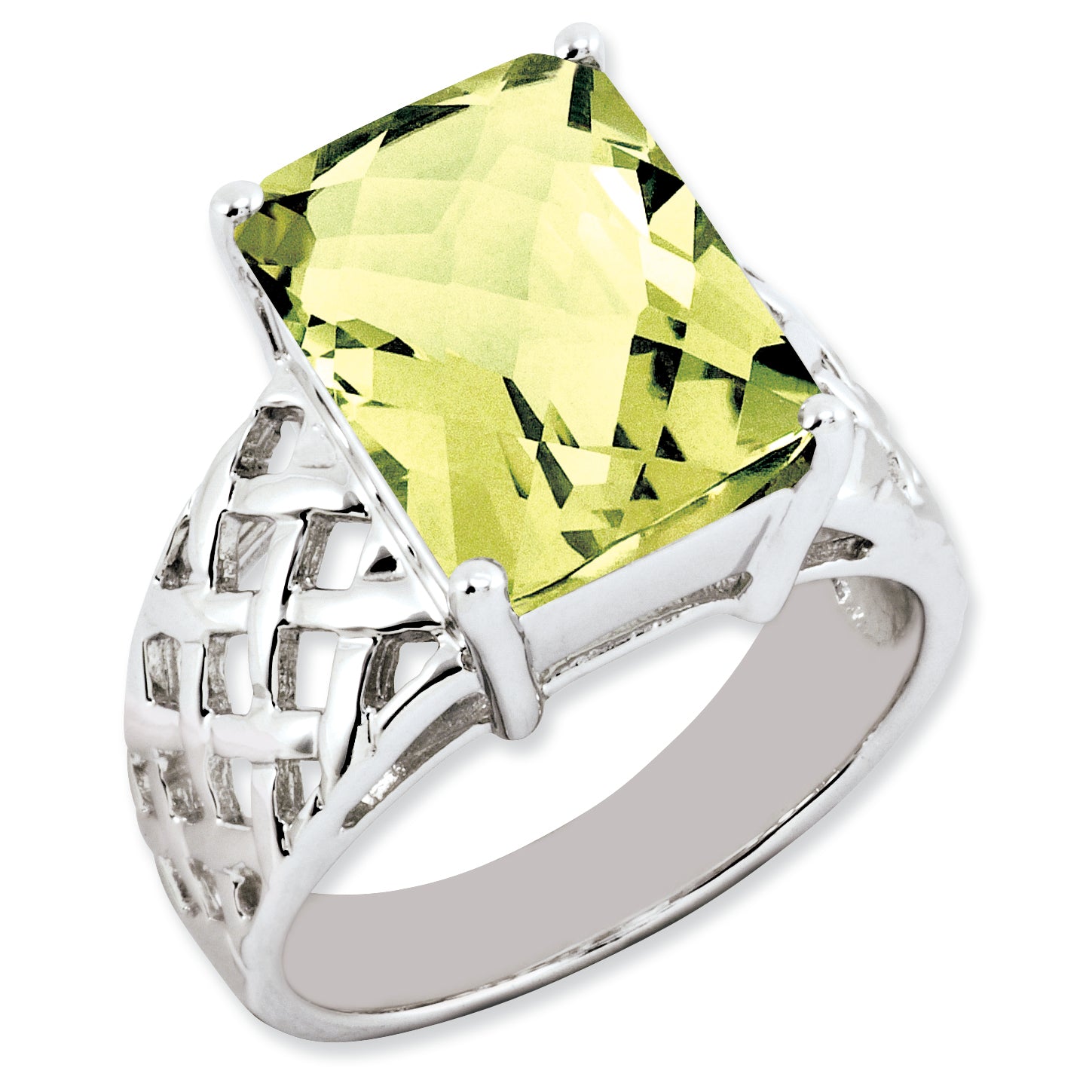 Sterling Silver Rhodium Plated Octagonal Checker Cut Lemon Quartz Ring (Size 7 Only)