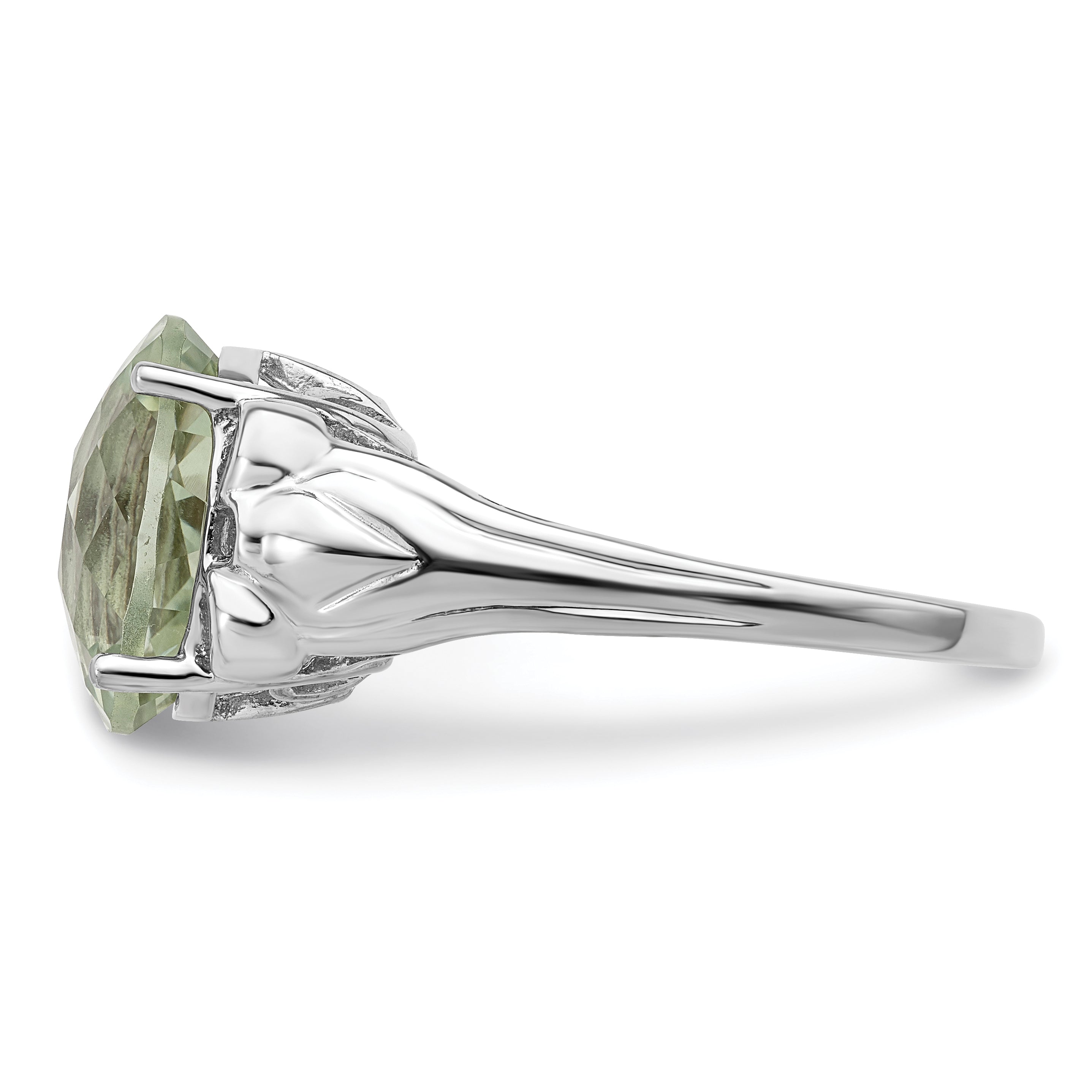 Sterling Silver Rhodium Oval Checker Cut Green Quartz Ring (Size 7 Only)