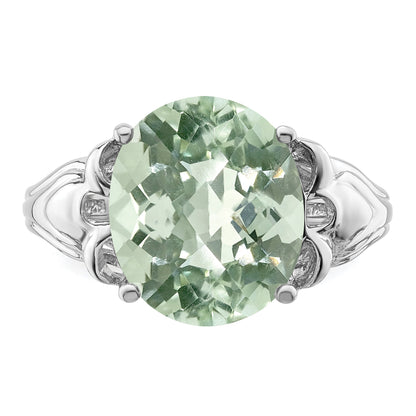 Sterling Silver Rhodium Oval Checker Cut Green Quartz Ring (Size 7 Only)