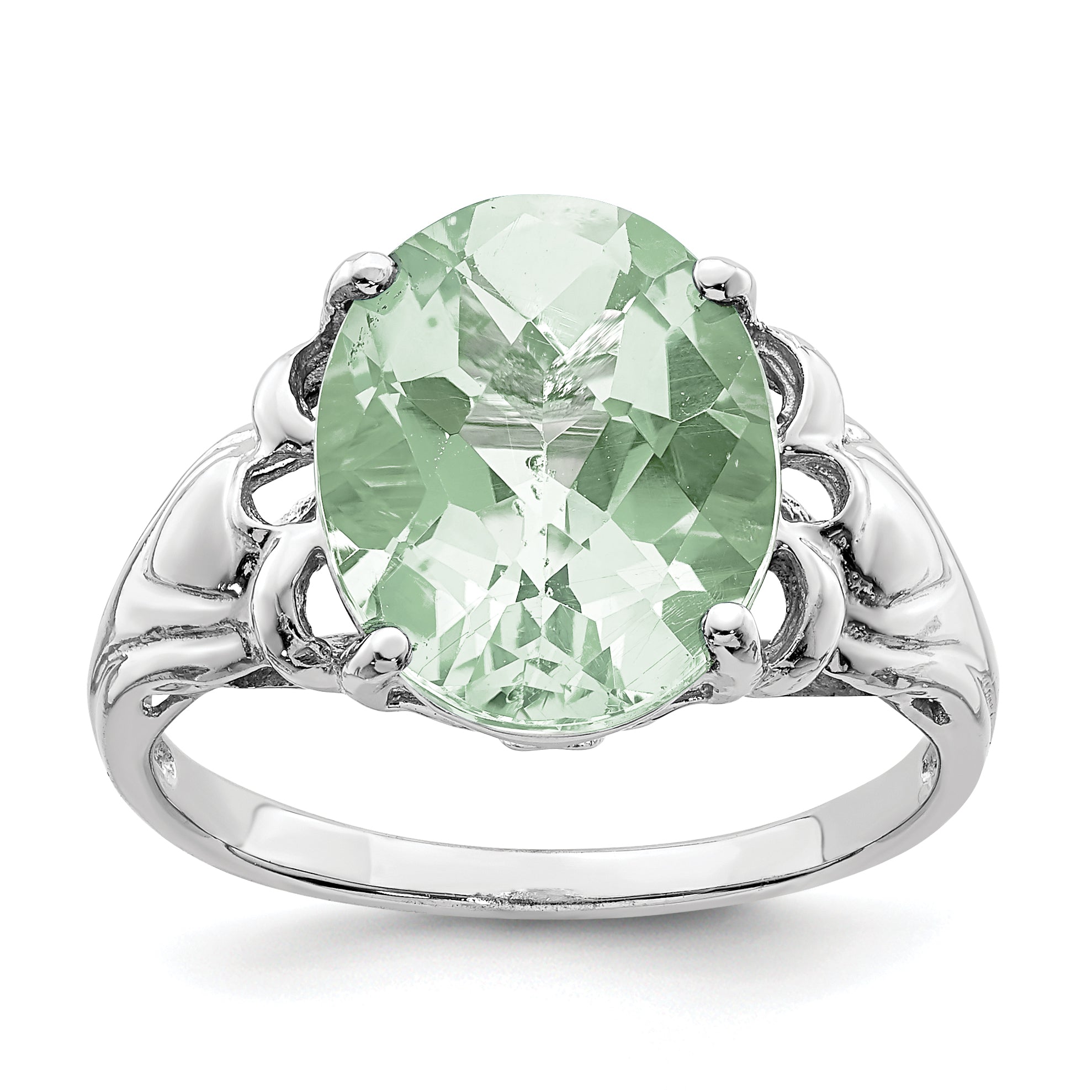 Sterling Silver Rhodium Oval Checker Cut Green Quartz Ring (Size 7 Only)