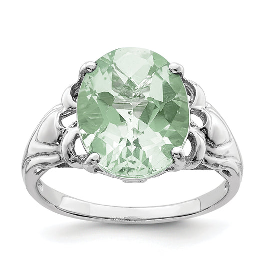 Sterling Silver Rhodium Oval Checker Cut Green Quartz Ring (Size 7 Only)