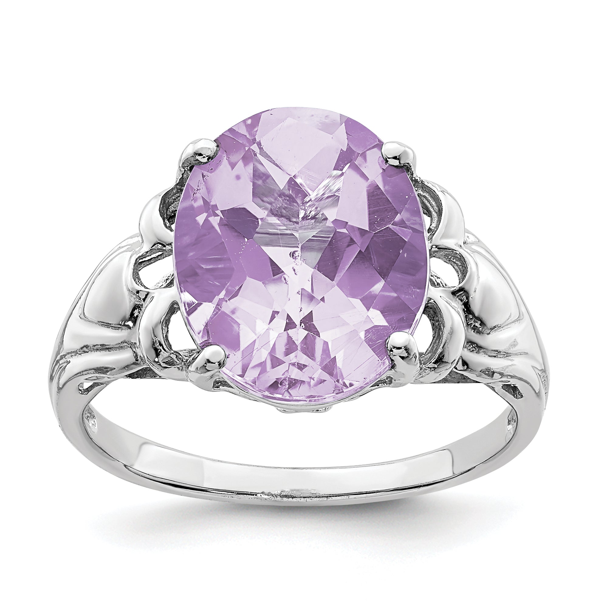 Sterling Silver Rhodium Oval Checker Cut Pink Quartz Ring (Size 7 Only)